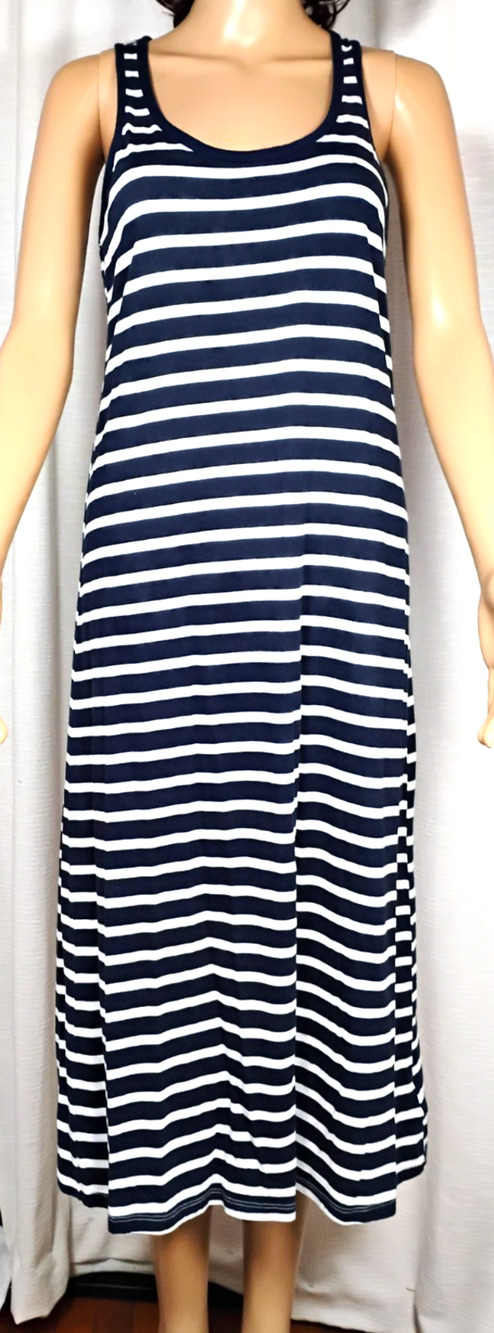 Navy White Horizontal Stripe Maxi Tank Dress S Racerback Stretch Nautical Beach